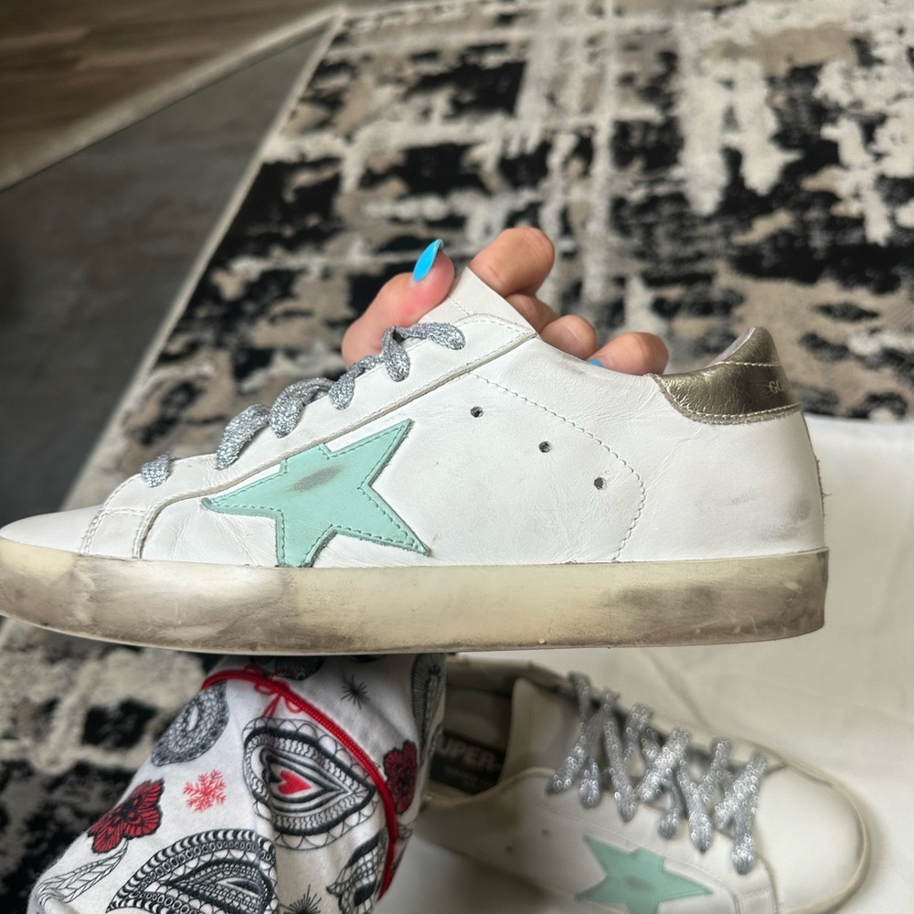 Golden Goose Super Star Sneakers with Mint Green Star and Silver/Gold Accents 7 - Picture 10 of 15